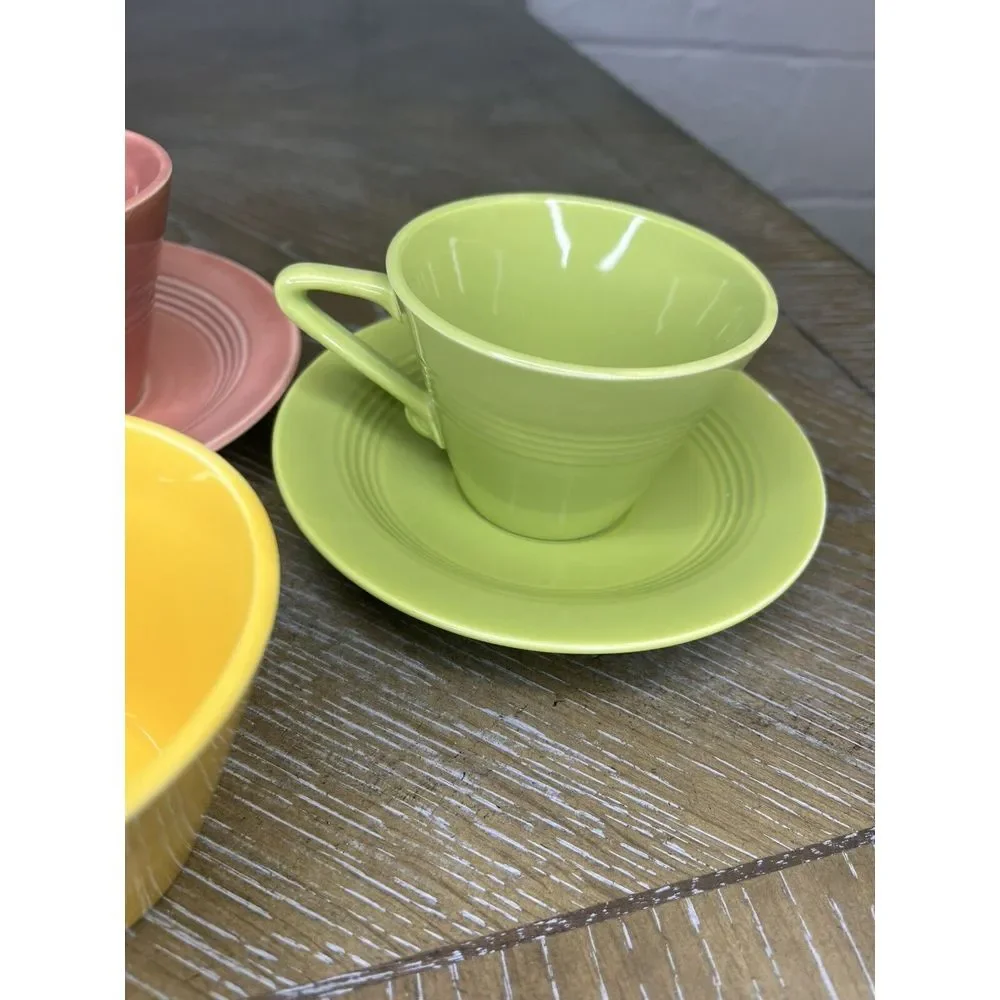Homer Laughlin China - Harlequin 4 Cups 3‎ Saucers - Chartreuse Yellow Blue Rose